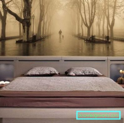 Photowall-paper en un dormitorio sobre una cama - una foto de ejemplos modernos y consejos sobre diseño